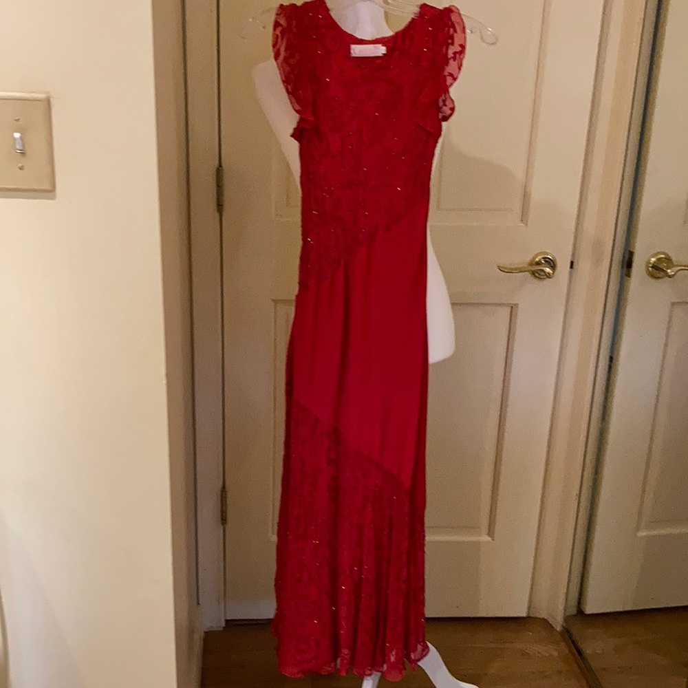 Red beaded dress.